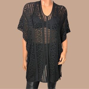 90s Black Open Knit Lace Crochet Tunic M/ L Side Cinch Y2K Dark Fairy WimsiGoth